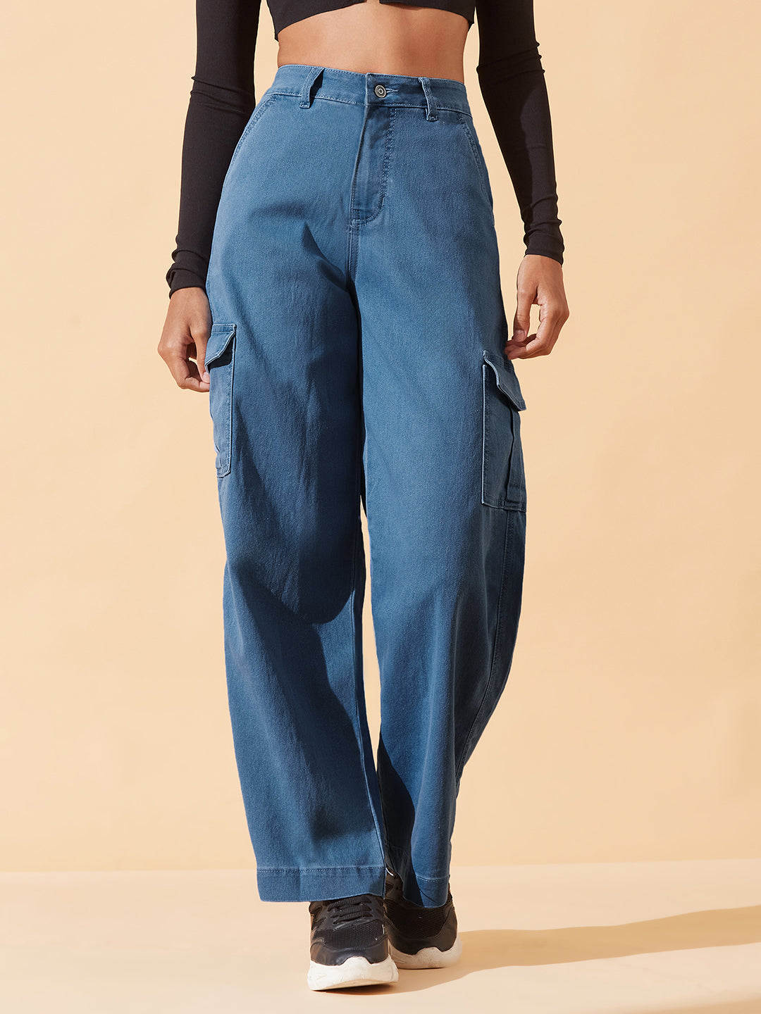 Blue Wide leg High-Rise Regular Stretchable Denim Jeans For Women