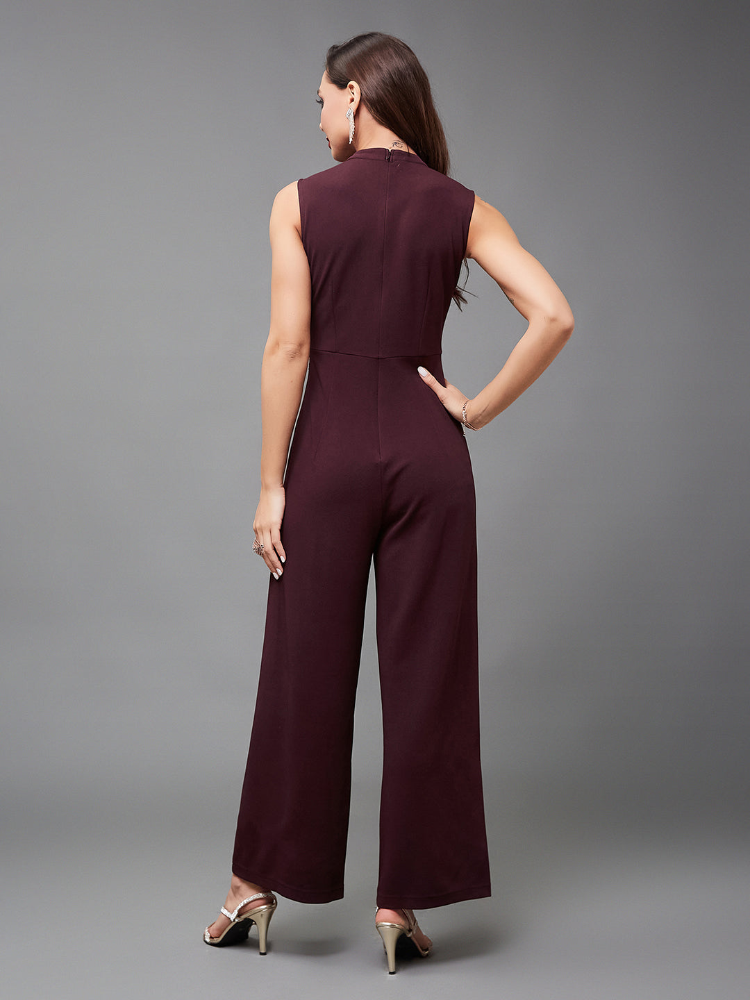 Crease Ease Cocktail Women's Wine Collared Sleeveless Solid Asymmetric Neck Cut-Out Jumpsuit