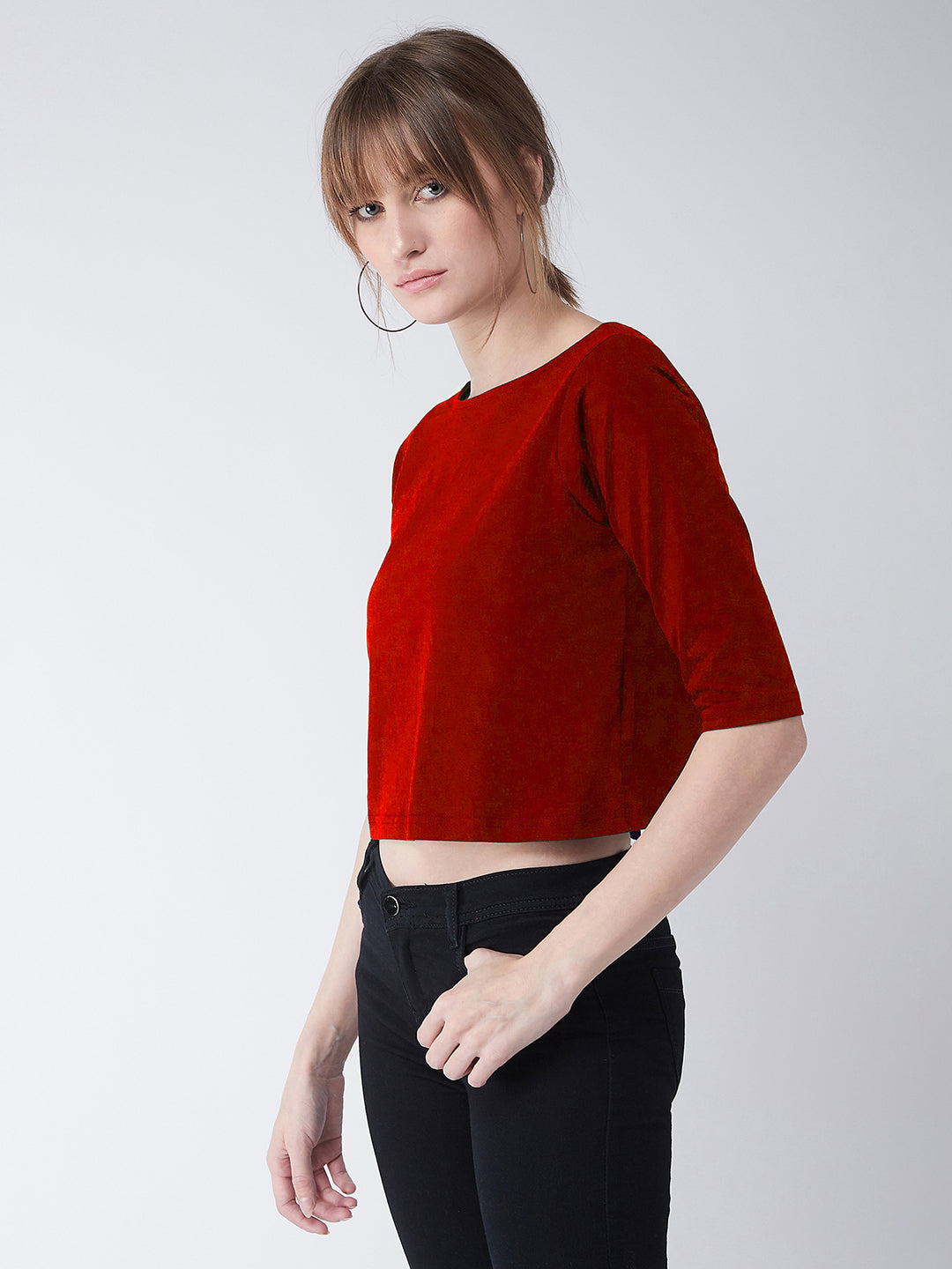 Women's Maroon Boat Neck Half Sleeves Low Back Buttoned Crop Top