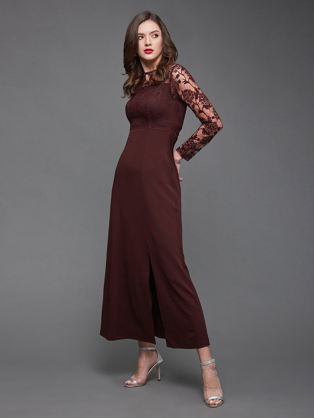 Crease Ease Women's Wine Colored Floral Polyester Slim Fit Round Neck Full Sleeve Maxi Dress