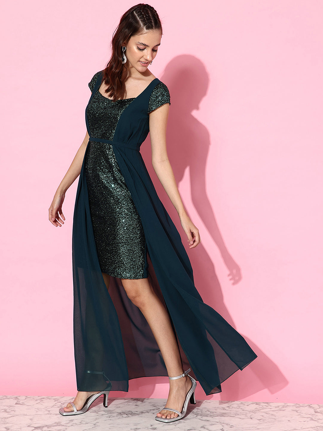 Women's Teal Square Neck Short Sleeve Sequined Layered Party Maxi Dress