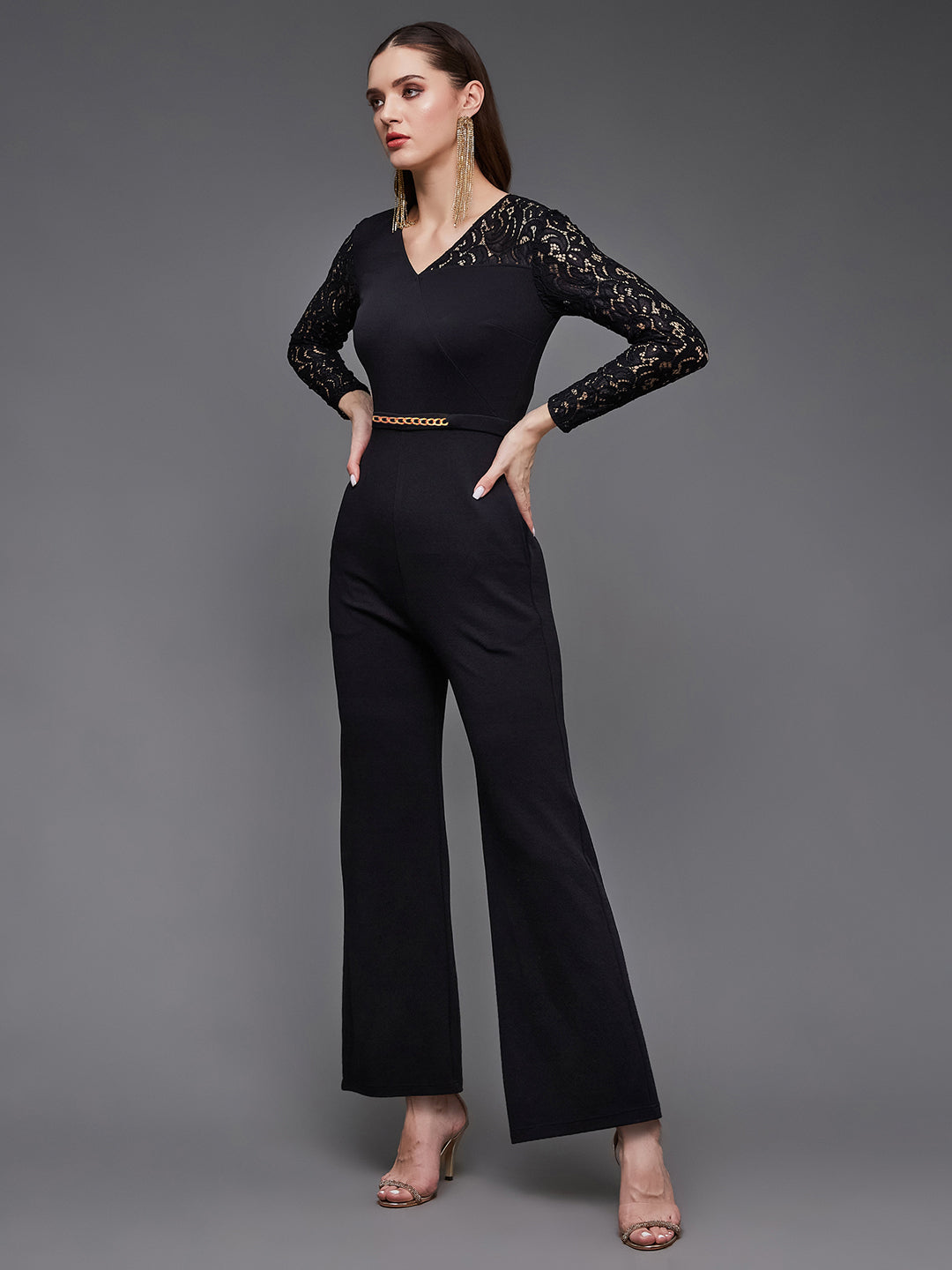 Women's Black V-Neck Full Sleeve Self-Designed Asymmetric Jumpsuit