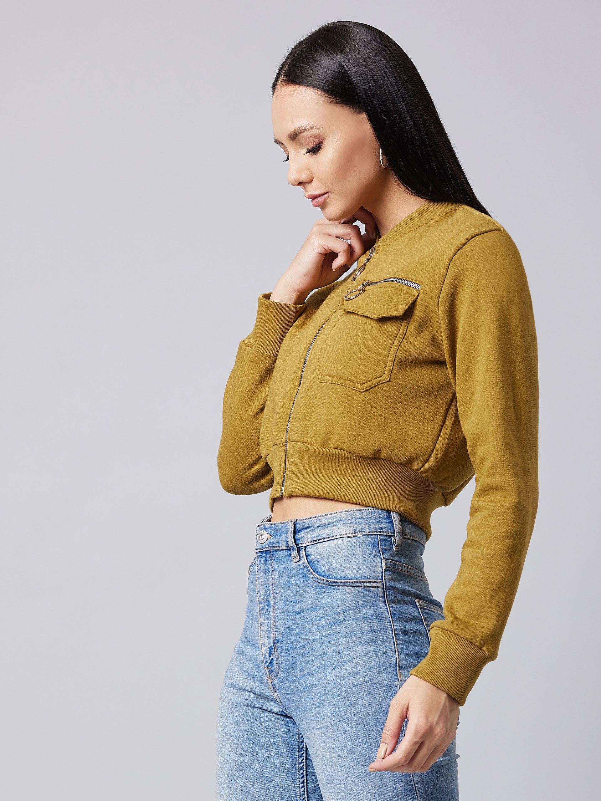 Women's Olive Stand Collar Full Sleeve Solid Boxy/Bomber Crop Jacket