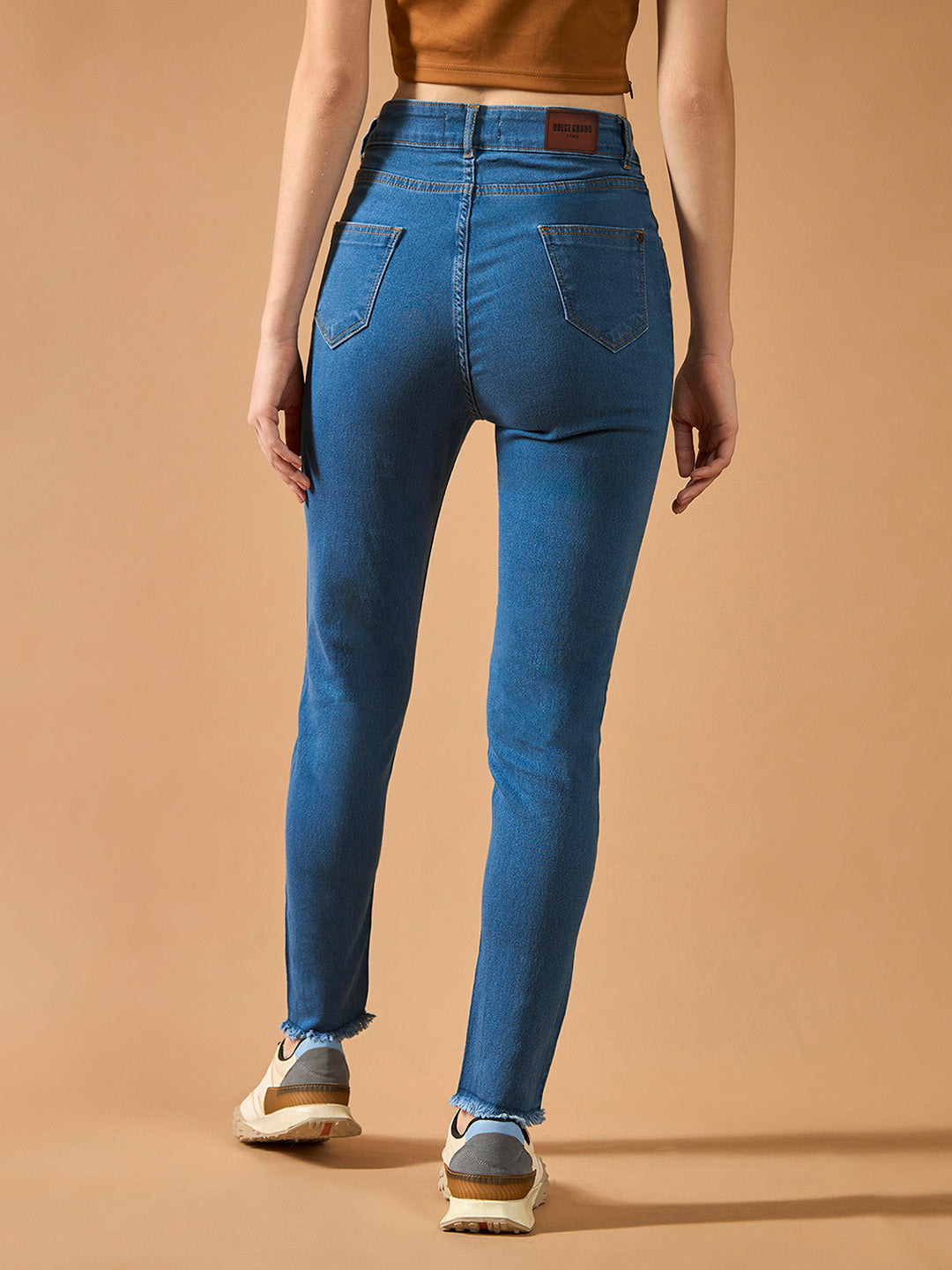 Women's Blue Skinny High-Rise Cropped-Length Fringe Detailing Stretchable Denim Jeans