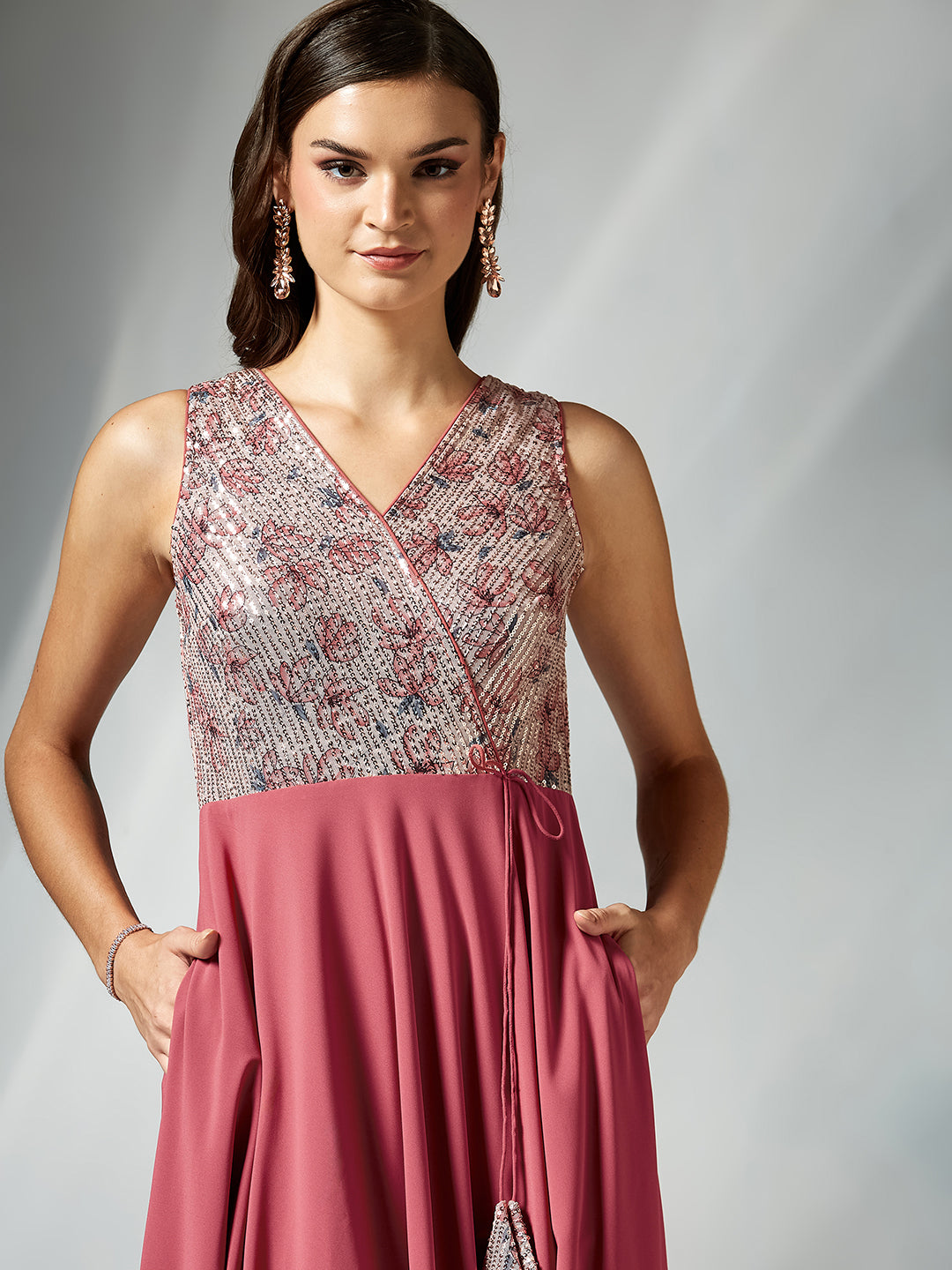 Pink V-Neck Sleeveless Floral Embellished Fit & Flare Maxi Georgette Dress for Women