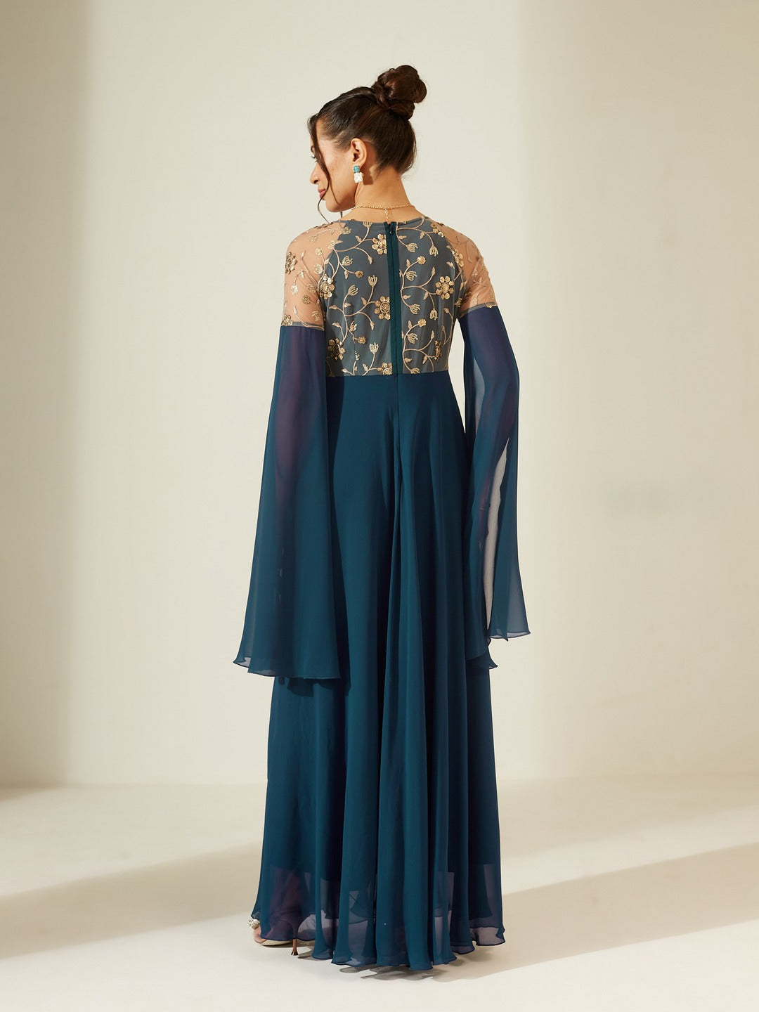 Teal V-Neck Full Sleeve Embroidered Fit & Flare Georgette Maxi Dress for Women