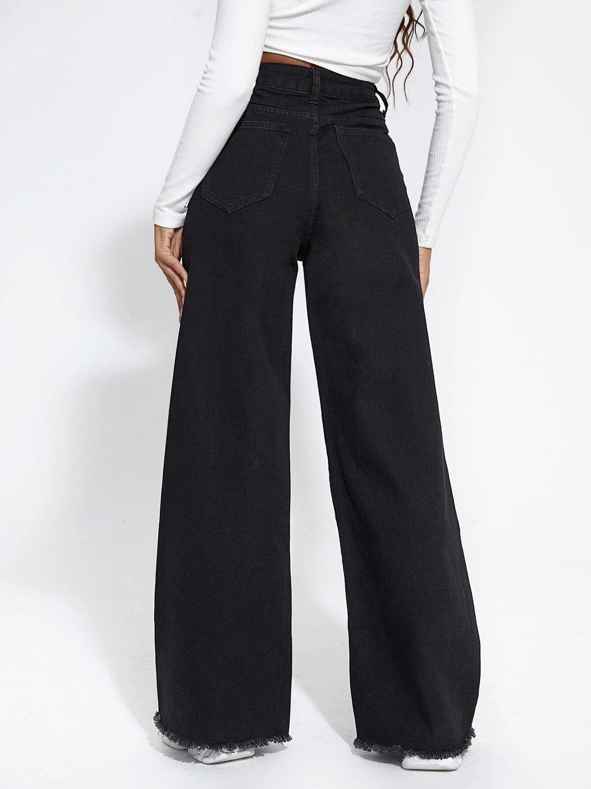 Women's Black Wide-Leg High-Rise Clean-Look Regular-Length Stretchable Denim Jeans