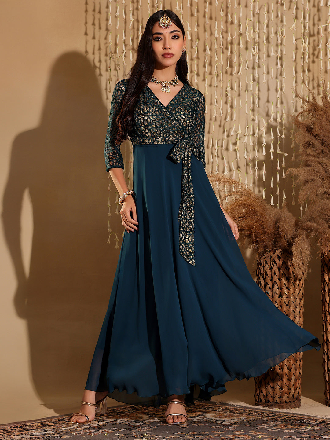Women's Teal Floral Printed Relaxed Fit V-Neck 3/4th Sleeve Maxi Dress