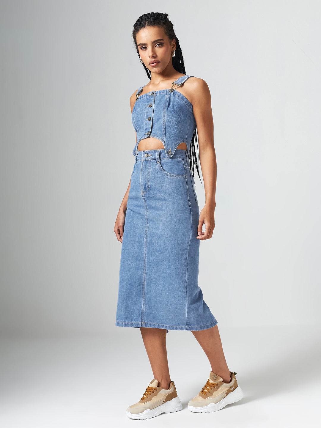 Blue Square Neck Sleeveless Solid Pinafore Detachable Midi Denim Co-Ord Set for Women