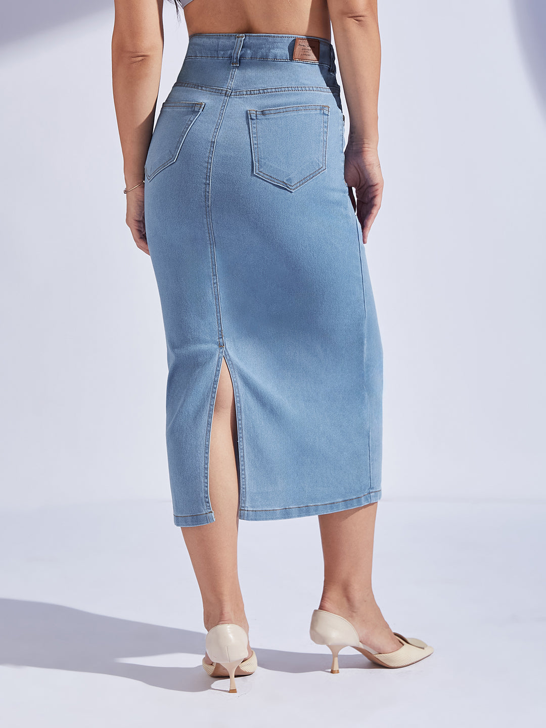 Women's Light Blue Straight-Fit High-Rise Midi Stretchable Denim Denim Skirt