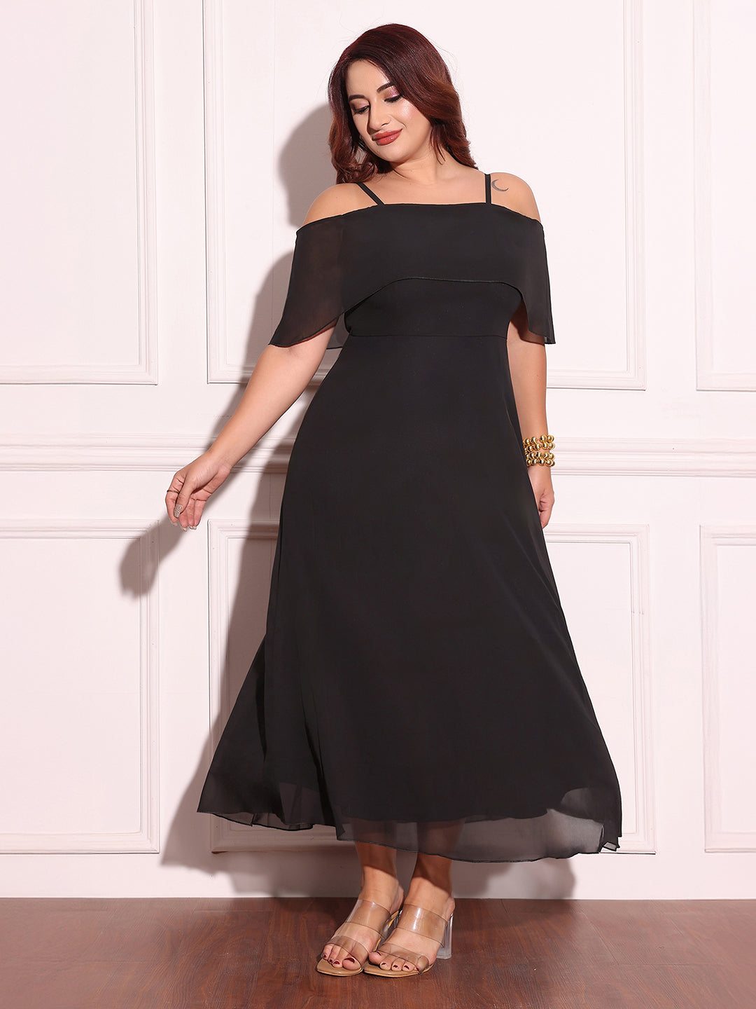 Women's Black Bardot Style Sleeveless Spaghetti-Straps Solid Off-Shoulder Midi Skater Dress