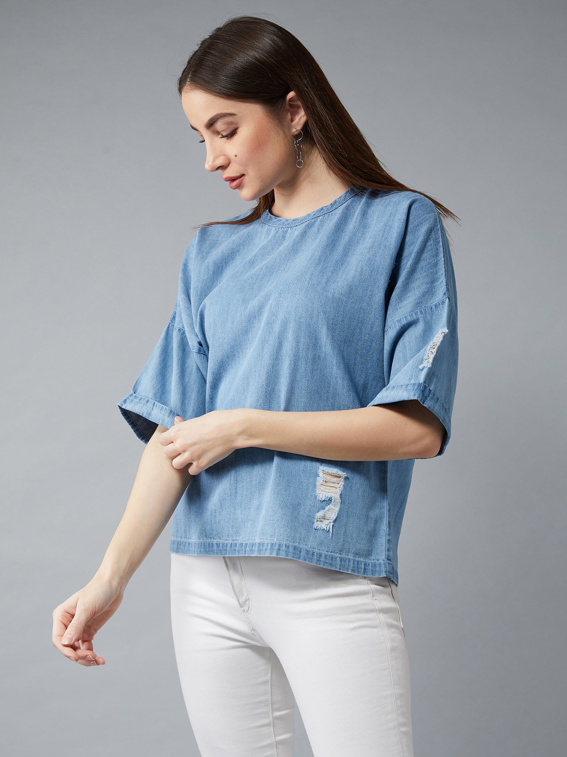 Women's Light Blue Round Neck Half Sleeves Solid Boxy Regular Ripped Top