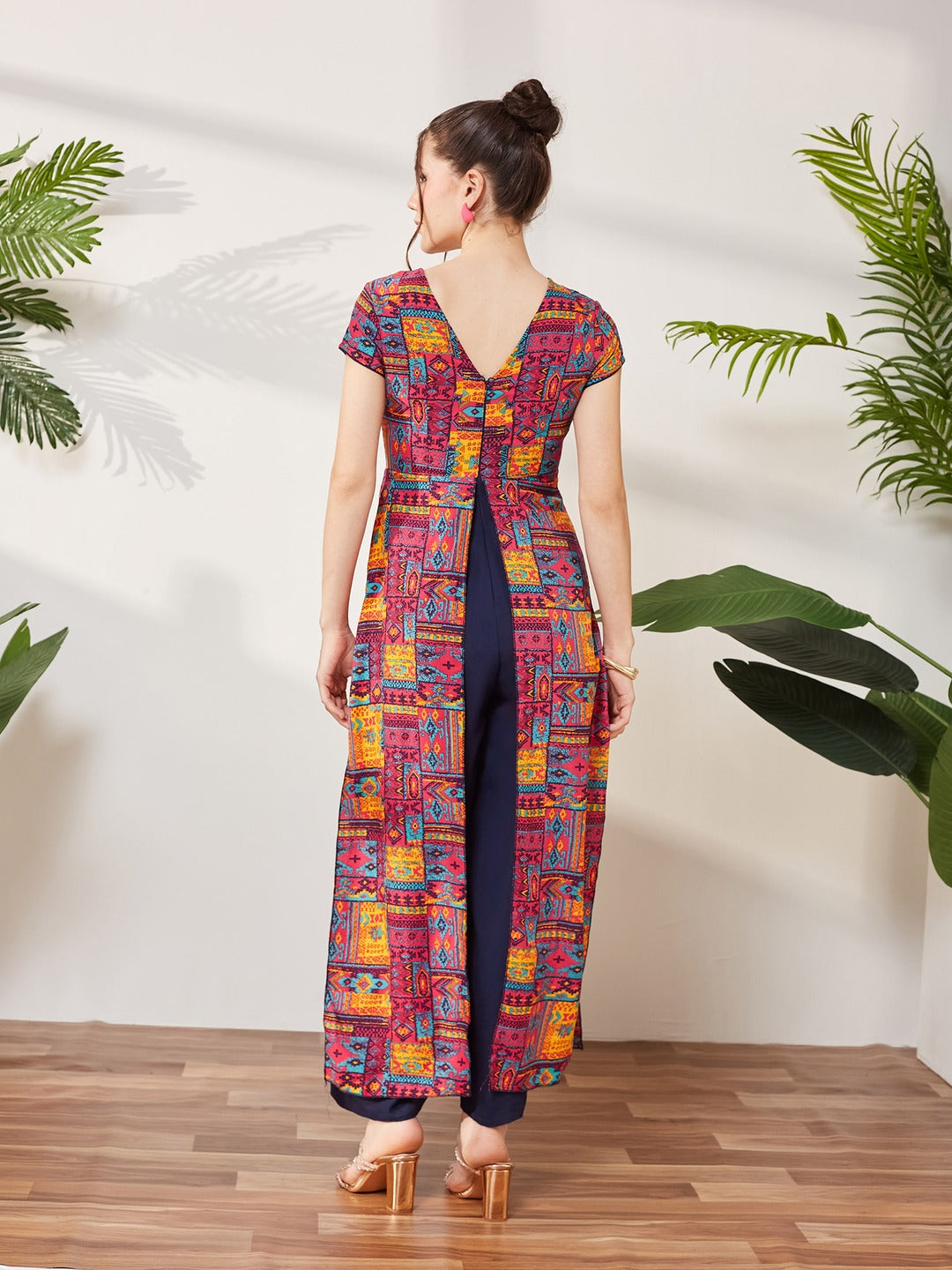 Navy Blue Keyhole-Neck Regular Sleeve Bohemian Paneled Viscose-Rayon Regular-Length Jumpsuit for Women