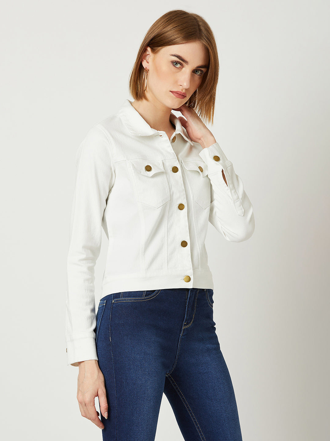 Women's White Polo Neck Full Sleeves Denim Solid Cropped Jacket