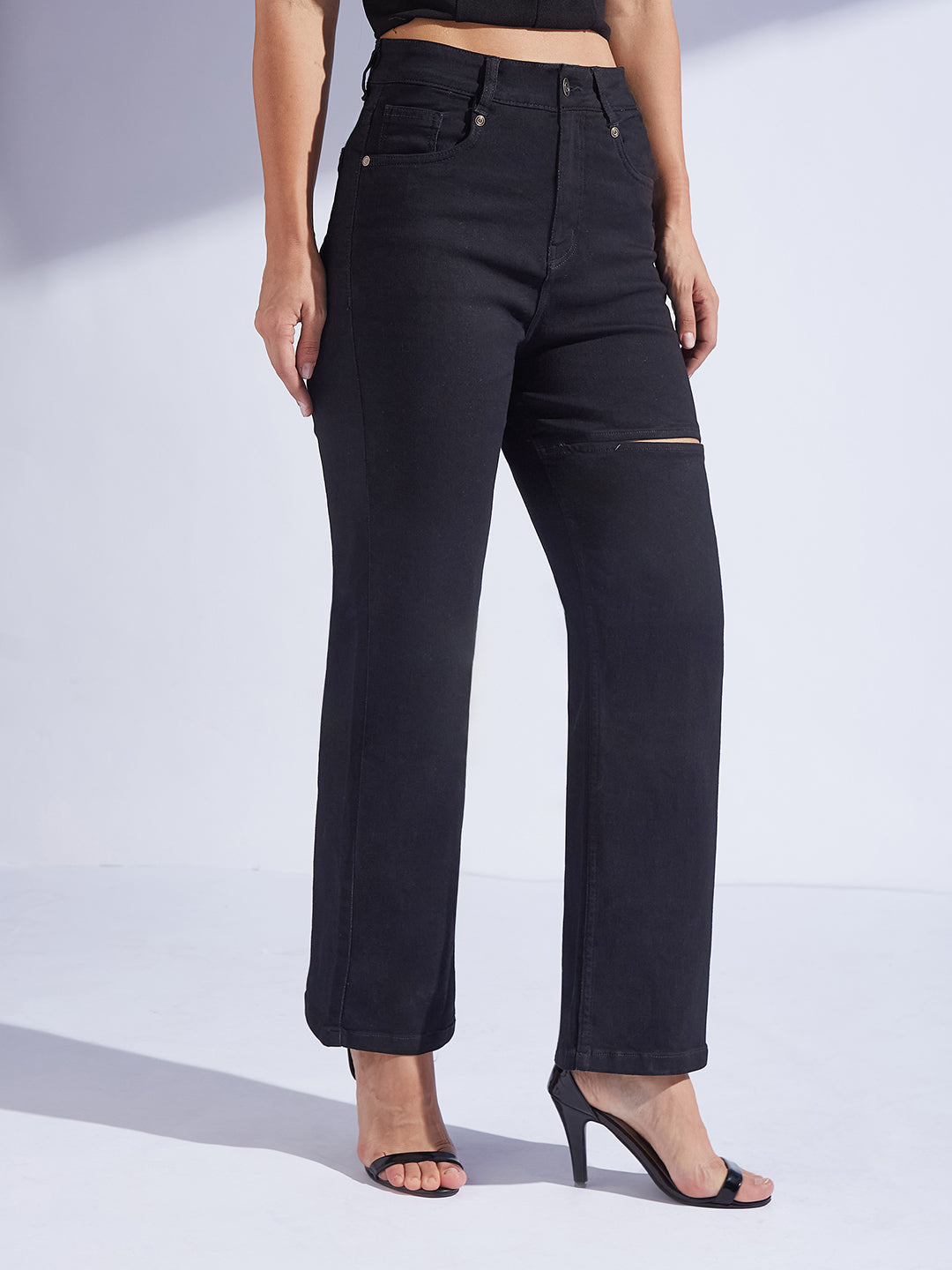 Black Straight-Fit High Rise Clean Look Regular-Length Stretchable Denim Jeans for Women