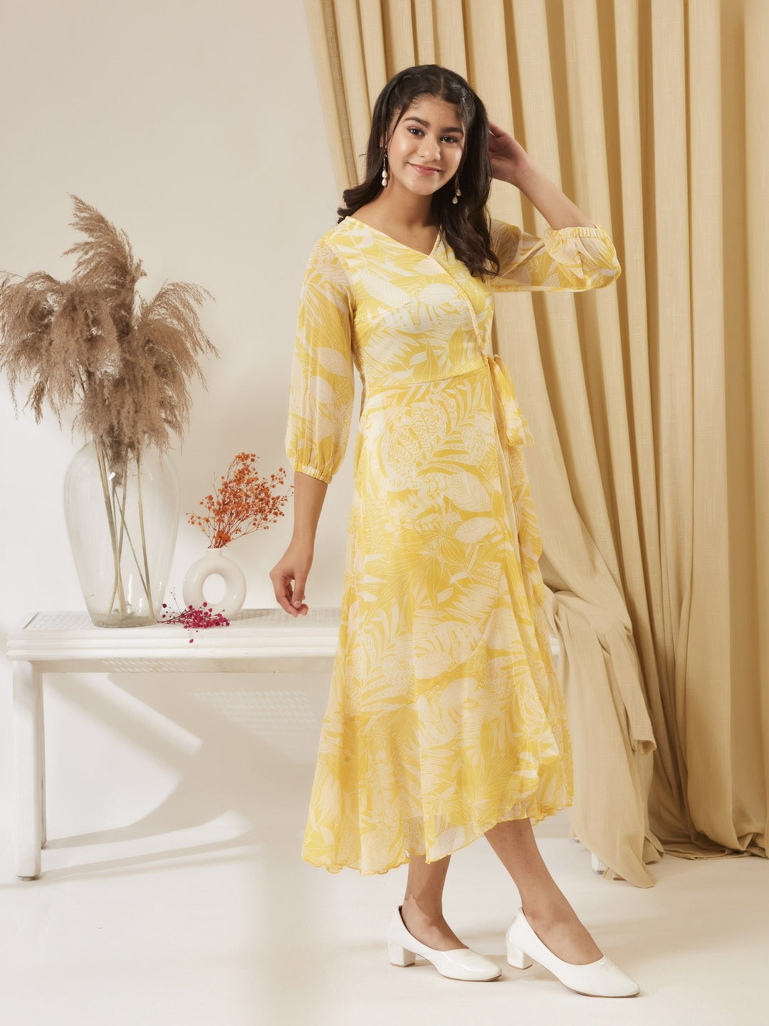 Yellow & White V neck Full sleeve Floral Layered Maxi Dress for Girls/Teenagers