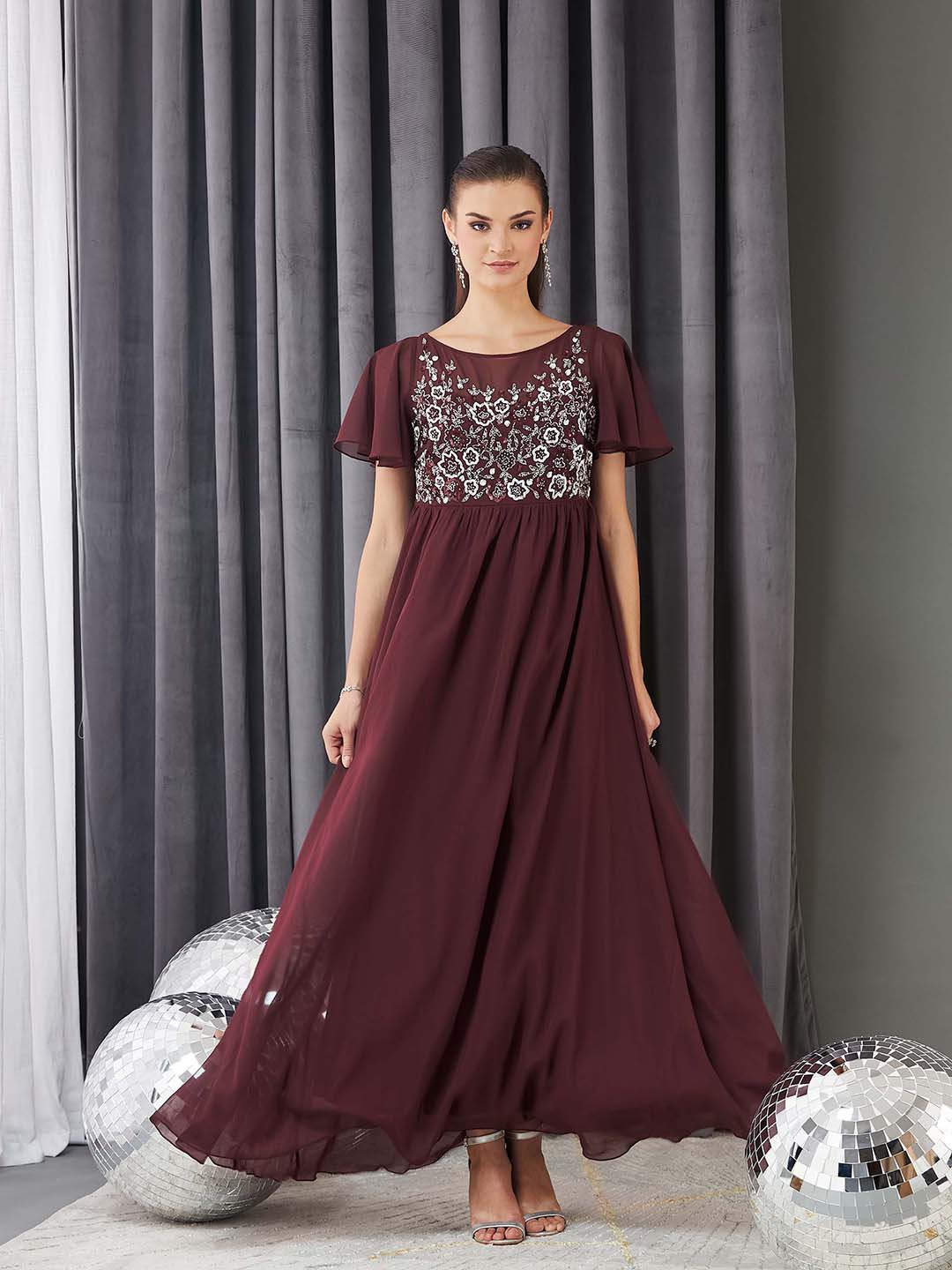 Women's Wine Boat Neck Half Sleeve Solid Embellished Georgette Maxi Dress