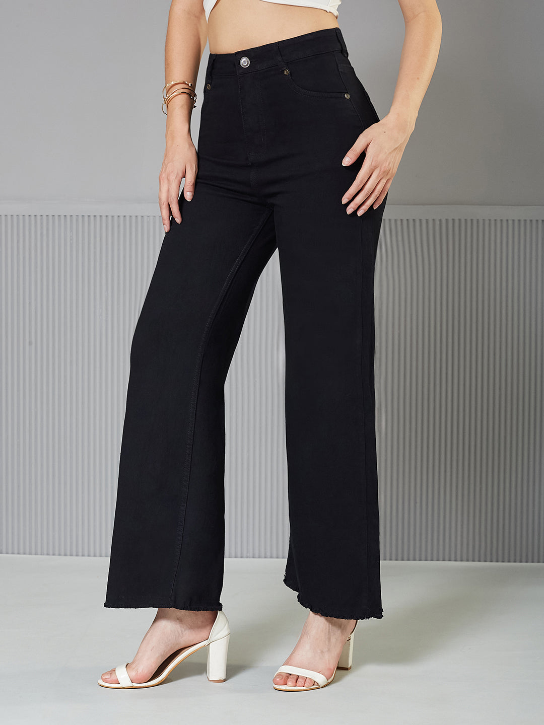 Women's Black High-Rise Stretchable Wide Leg Denim Jeans