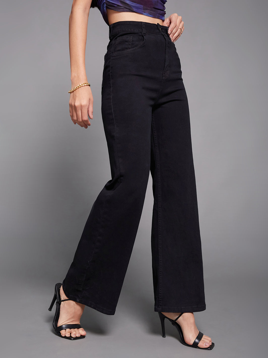 Women's Black Wide Leg High Rise Clean Look Regular-Length Stretchable Denim Jeans