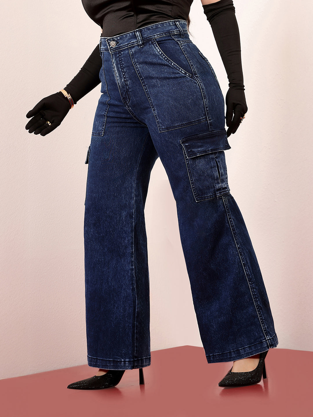Women's Blue Wide-Leg High-Rise Clean-Look Stretchable Denim Cargo Jeans