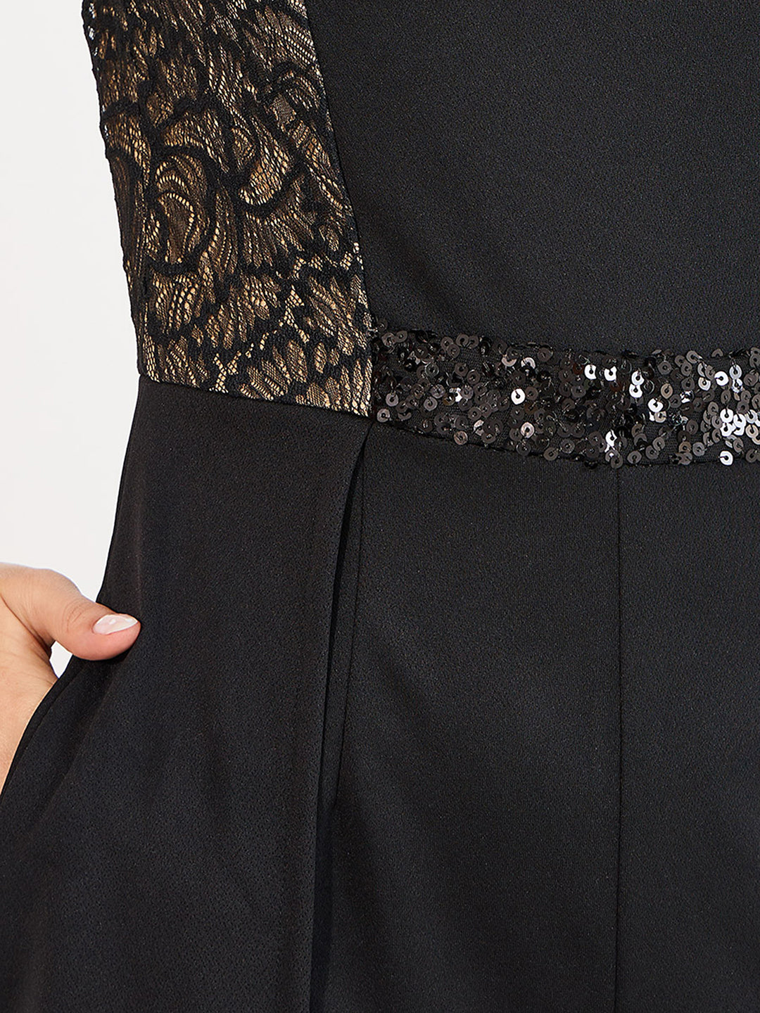 Women's Black Square-Neck Half-Sleeve Self-Designed Panelled Polyester Jumpsuit