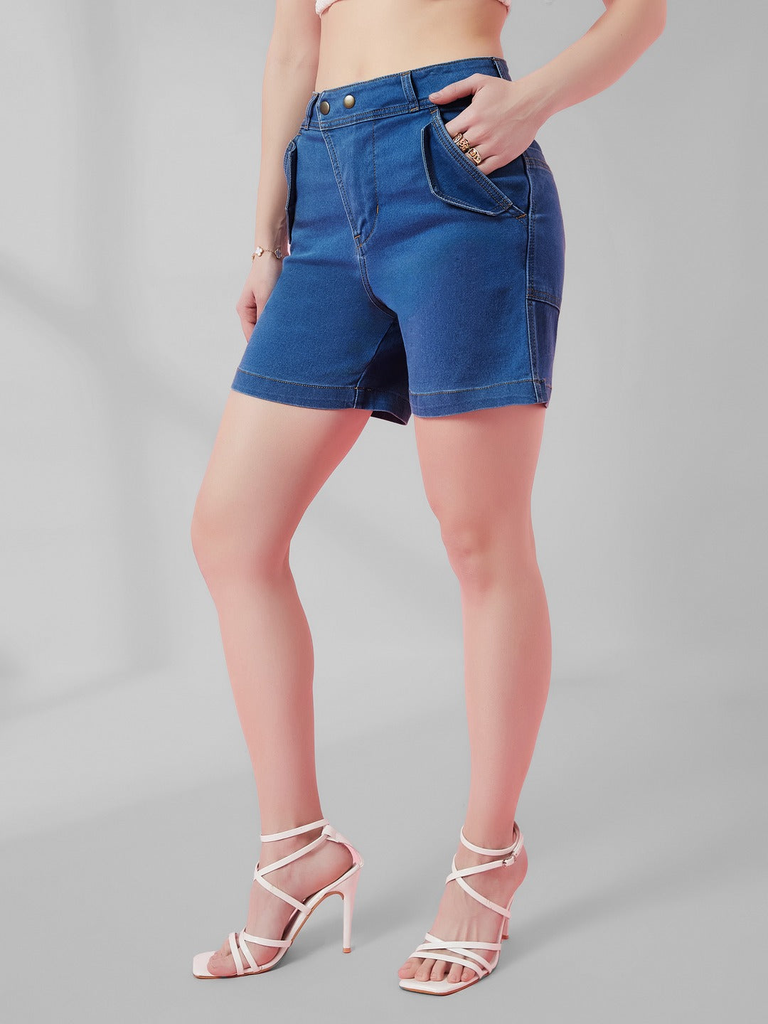 Relaxed-Fit Mid-Rise Stretchable Blue Denim Bermuda Shorts for Women
