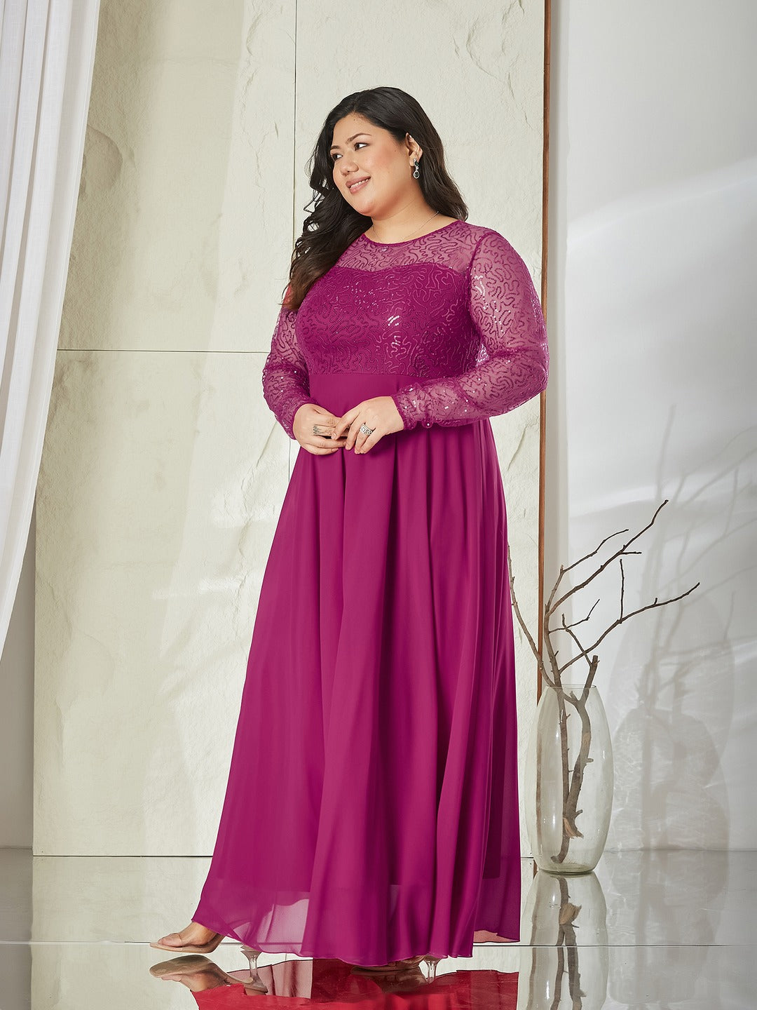 Ruby Pink Solid Embellished Maxi Dress for Women
