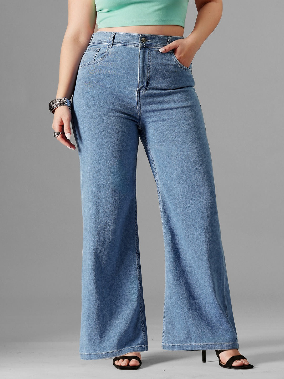 Blue Wide-Leg High-Rise Stretchable Denim Jeans for Women