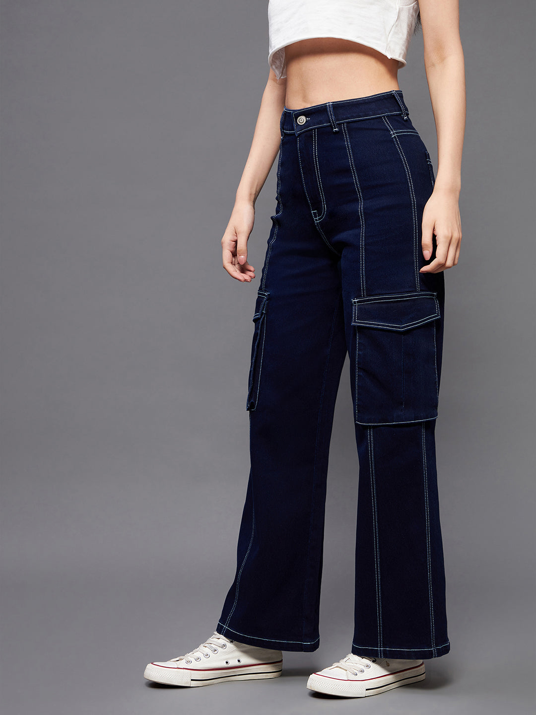 24/7 Comfort Women's Navy Blue Wide leg Cargo High rise Regular Stretchable Baggy fit Denim Jeans