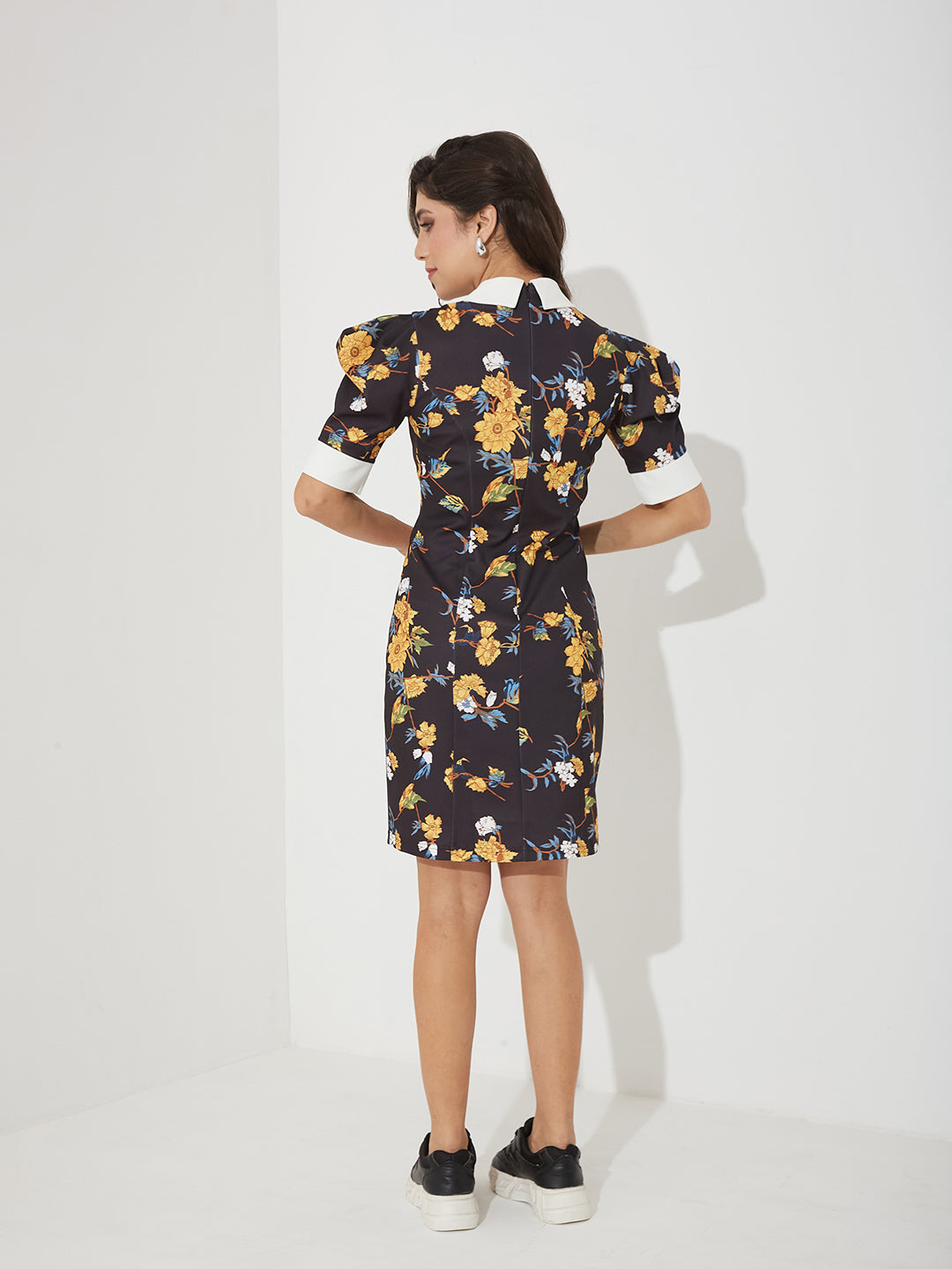Women’s Multicolored Base Black Collared Half Sleeve Floral Shift Knee-Long Polyester Dress for Women — Miss Chase