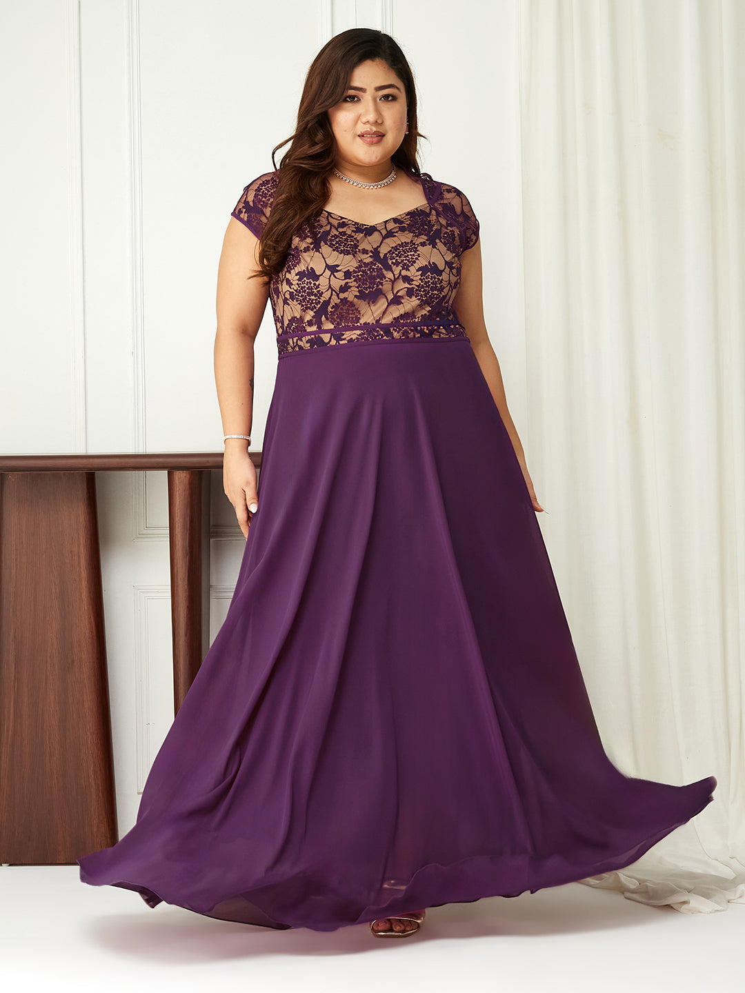 Dark Purple Sweet-Heart Neck Cap-Sleeve Floral Fit & Flare Georgette Maxi Dress for Women