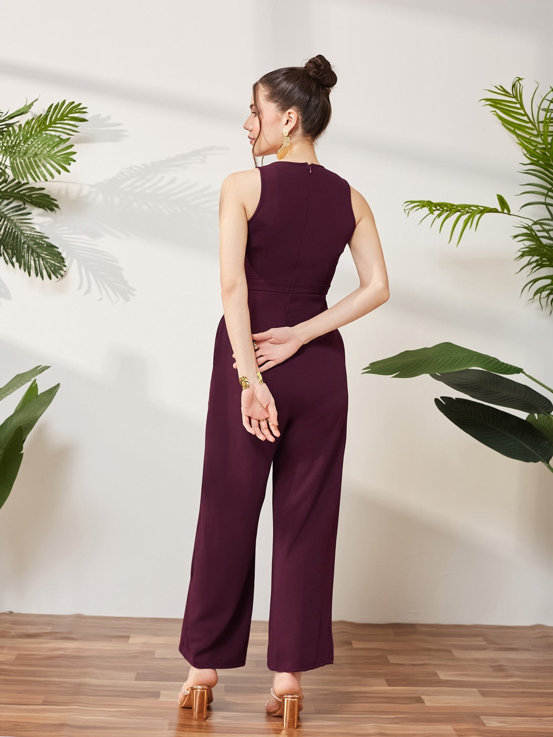 Wine V-Neck Sleeveless Solid Wrap Regular Jumpsuit for Women