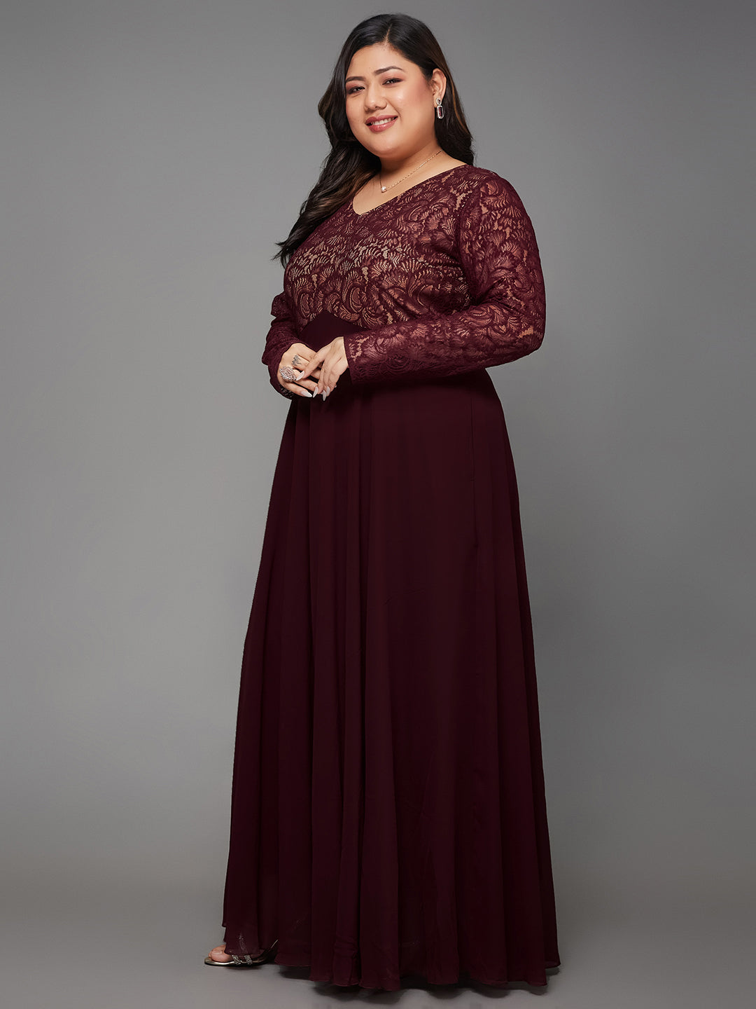 Wine V-Neck Full Sleeve Self Design Lace-Overlaid Georgette Maxi Dress for Women