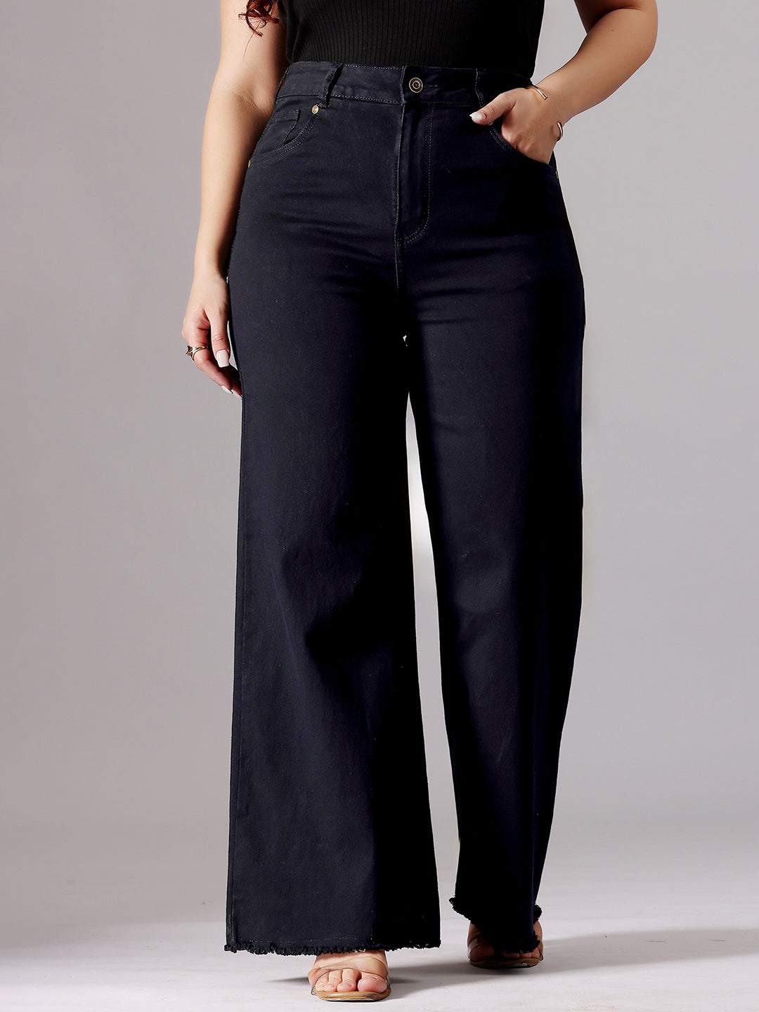 Women's Black High-Rise Clean-Look Stretchable Wide-Leg Denim Jeans
