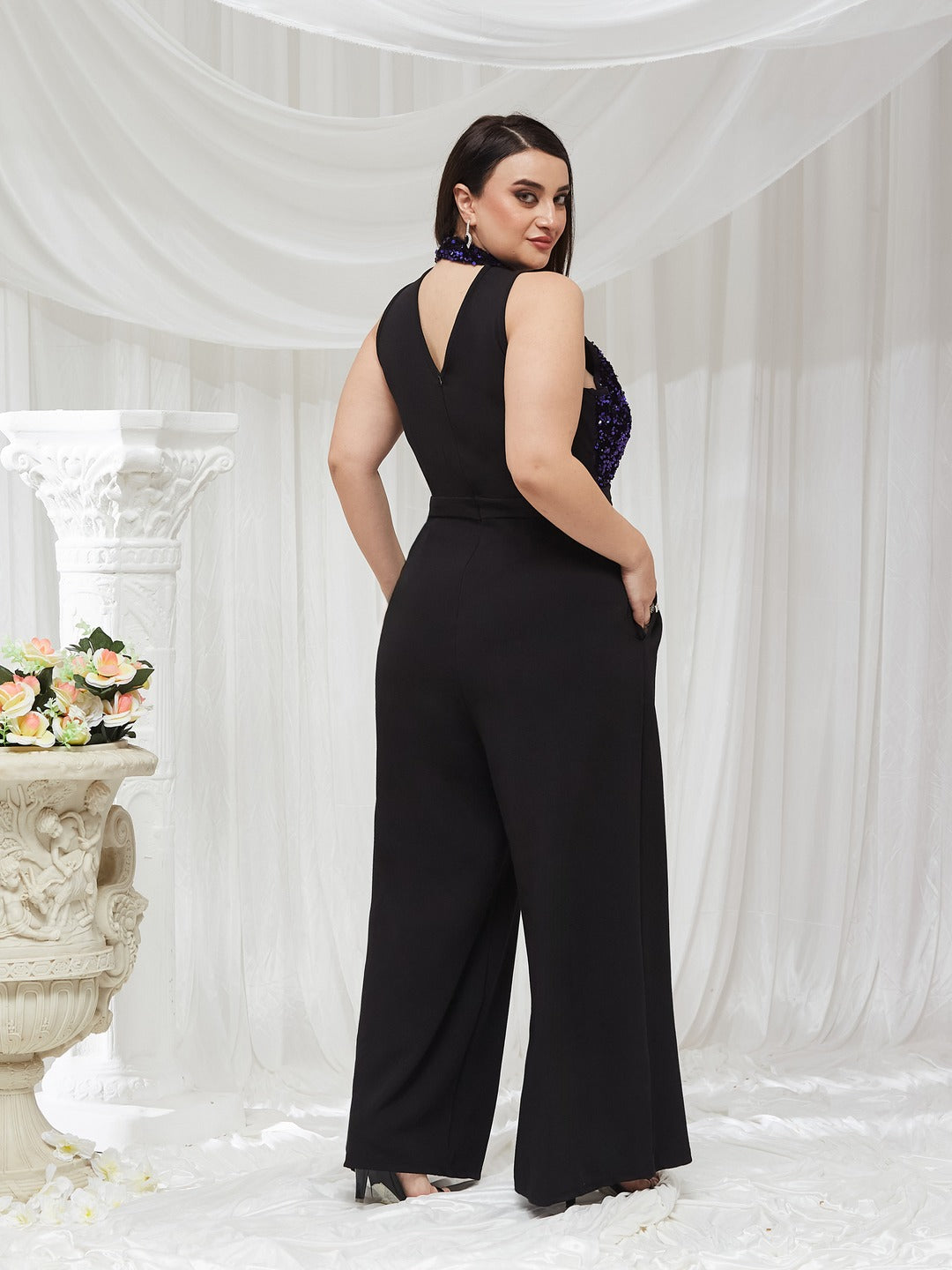 Black And Blue Halter Neck Sleeveless Embellished Regular-Length Jumpsuit for Women — Miss Chase A+