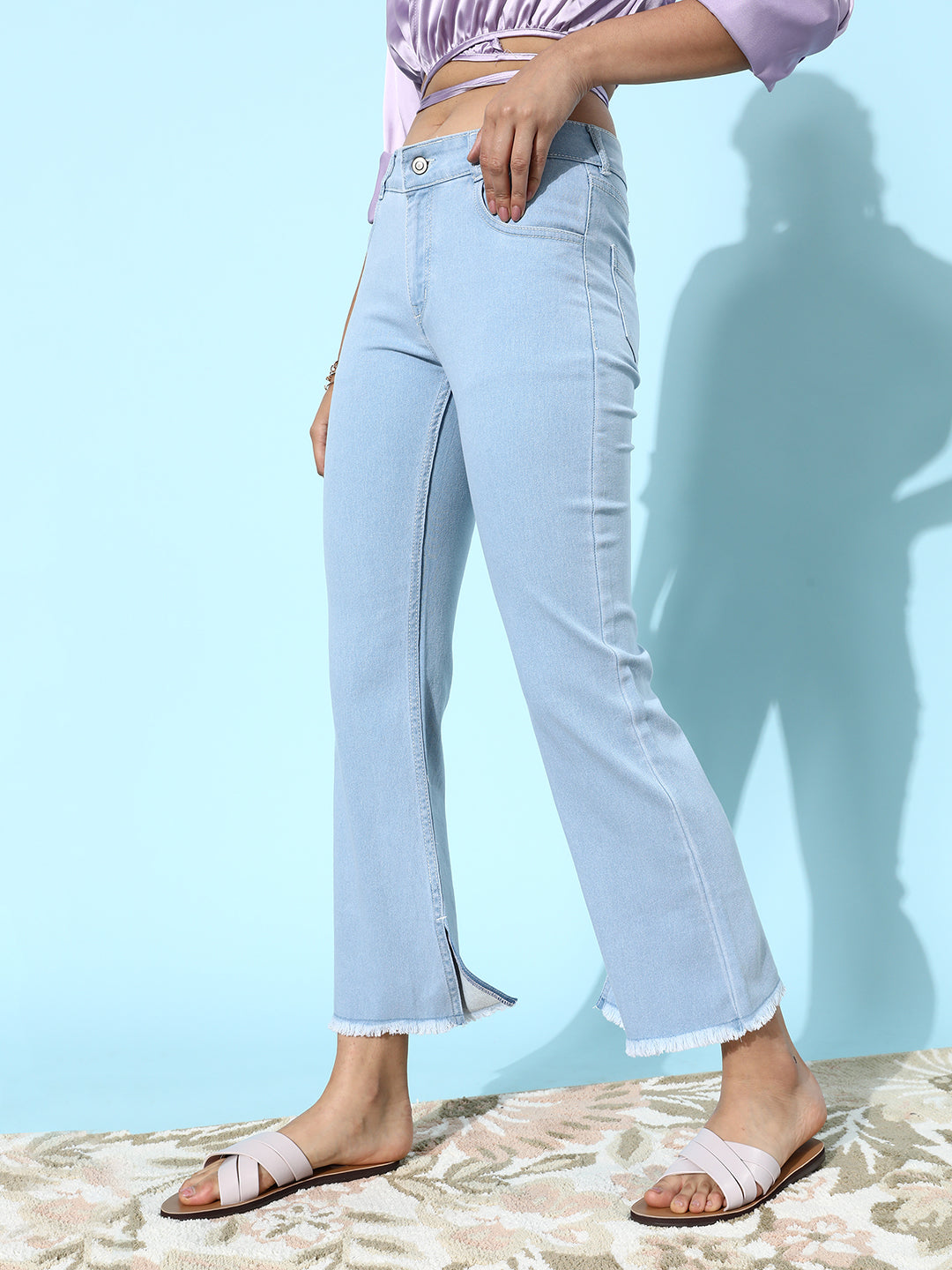 Women's Light Blue Bell Bottom Bootcut Hourglass High Rise Cropped Stretchable Timeless Denim Jeans