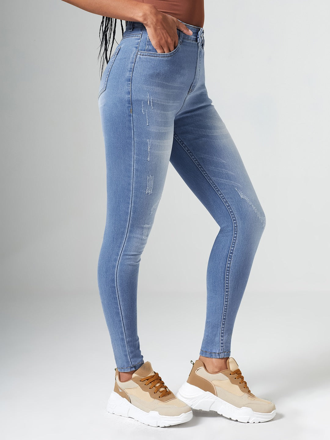 Blue High-Rise Mildly-Distressed Regular-Length Stretchable Denim Skinny Jeans for Women