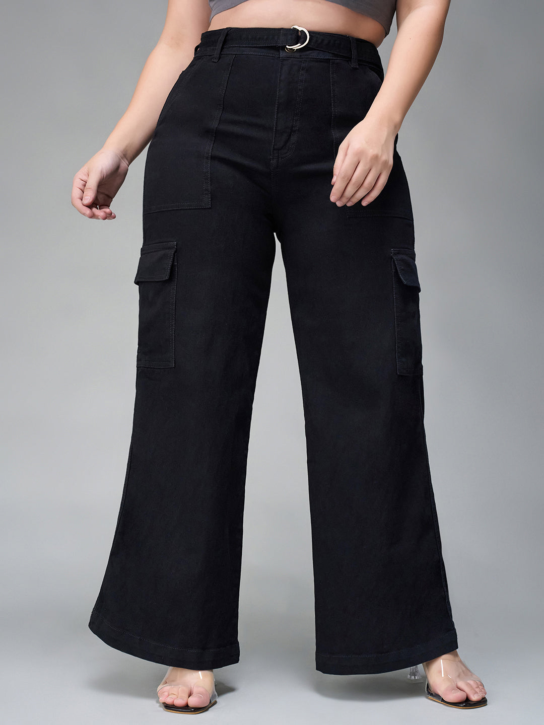 Women's Black Wide leg High rise Stretchable Denim Jeans