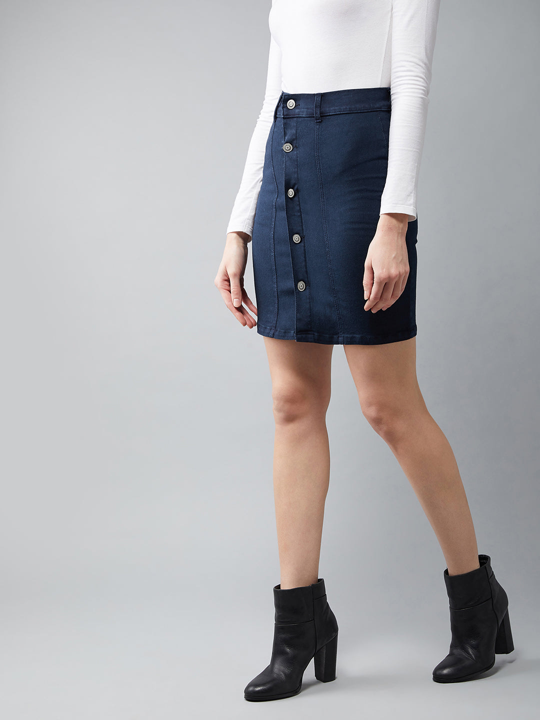 Women's Navy Blue Stretchable Solid A-line Mini Denim Skirt