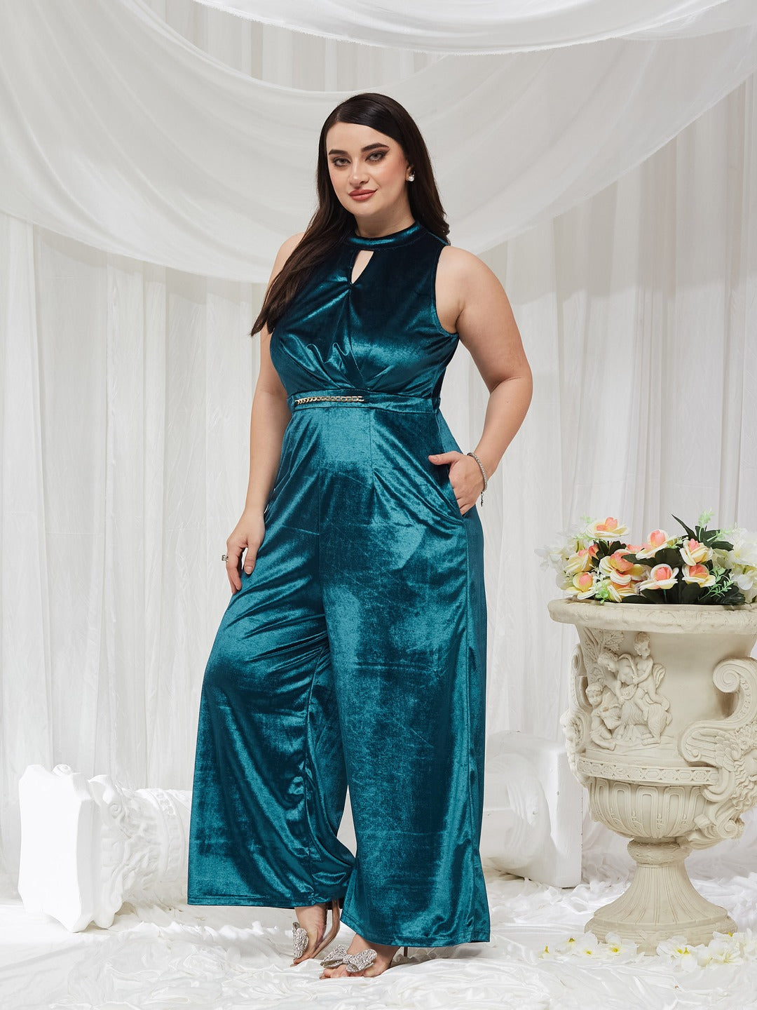 Teal Choker Neck Sleeveless Solid Pleated Regular Jumpsuit for Women — Miss Chase A+