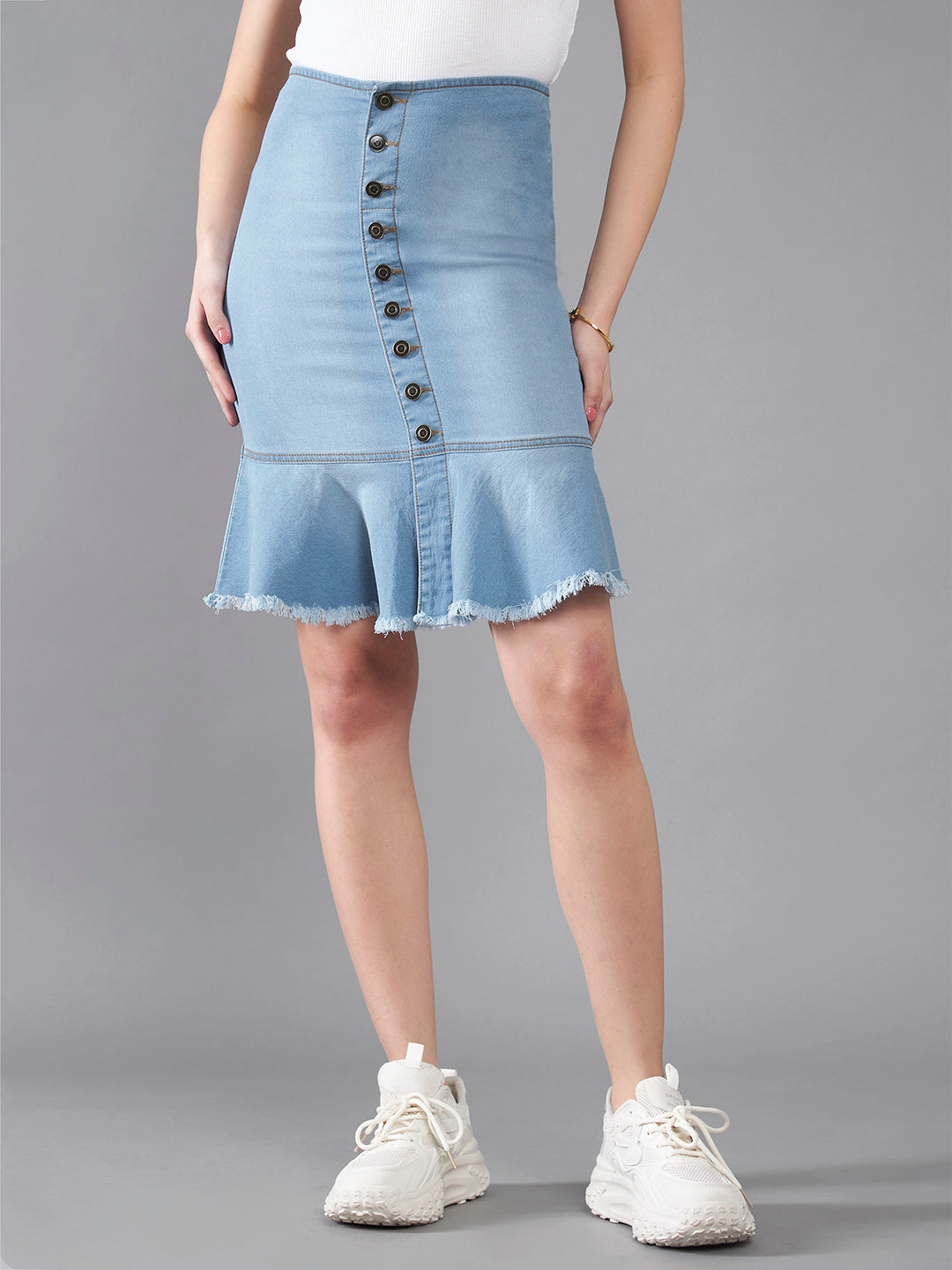 Women's Blue Regular Fit Mid Rise Light Weight Midi Denim Skirt