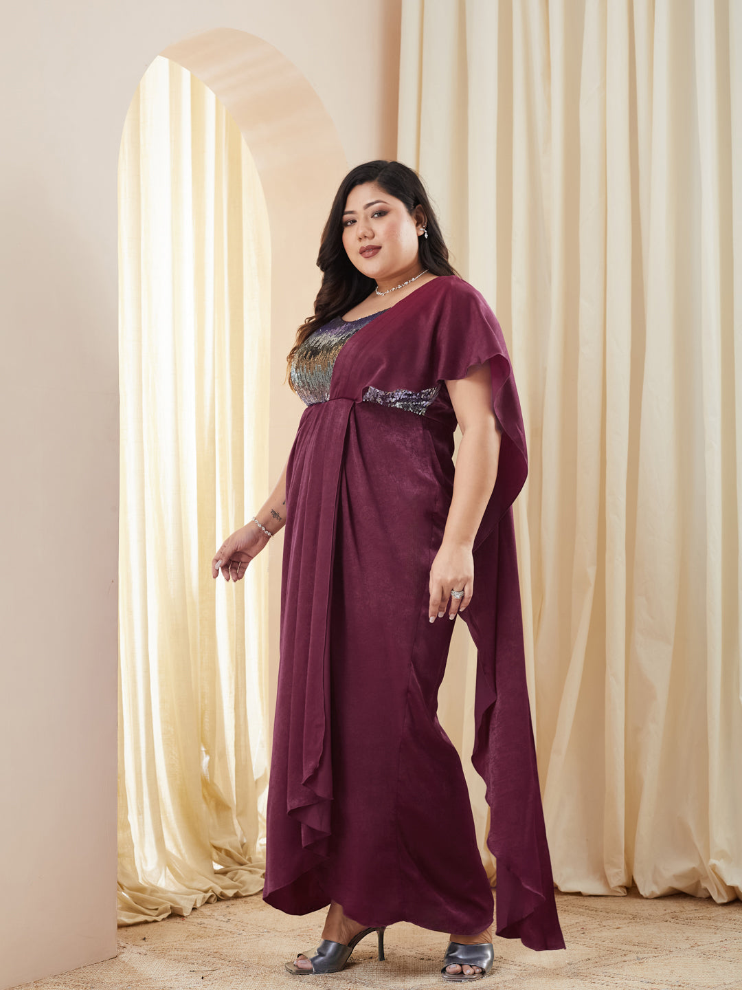 Wine Sweetheart Embellished Gown in Pleated Satin for Women