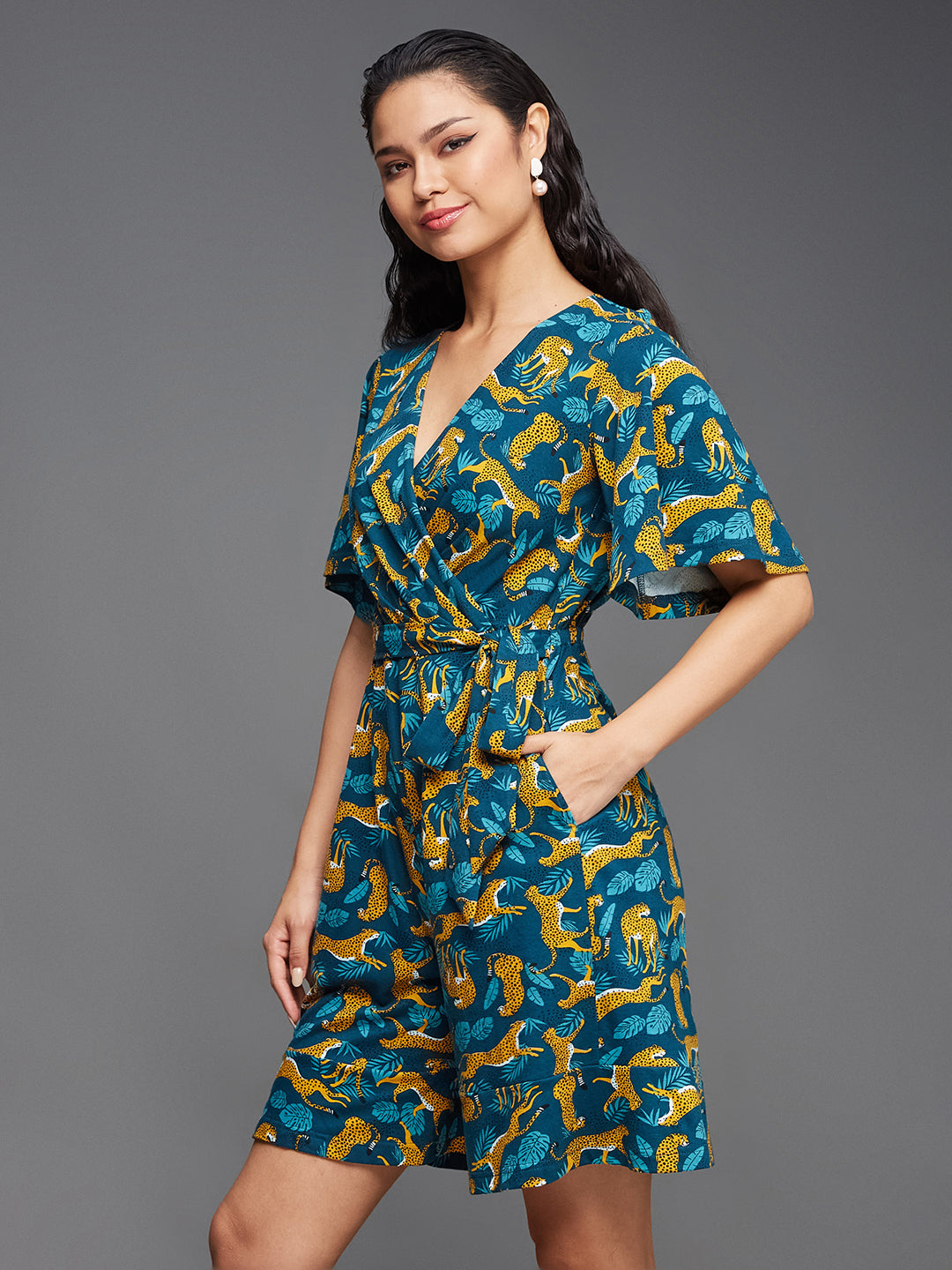 Women's Multicolored-Base-Teal V-Neck Half Sleeve Animal-Patterned Wrap Styled Pure Cotton Knee-Long Playsuit