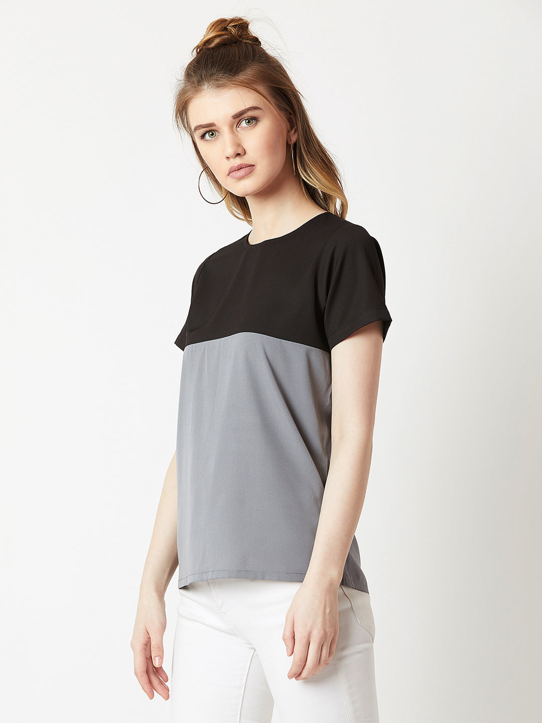 Women's Black & Steel Grey Round Neck Short Sleeve Solid Color Block Boxy Top