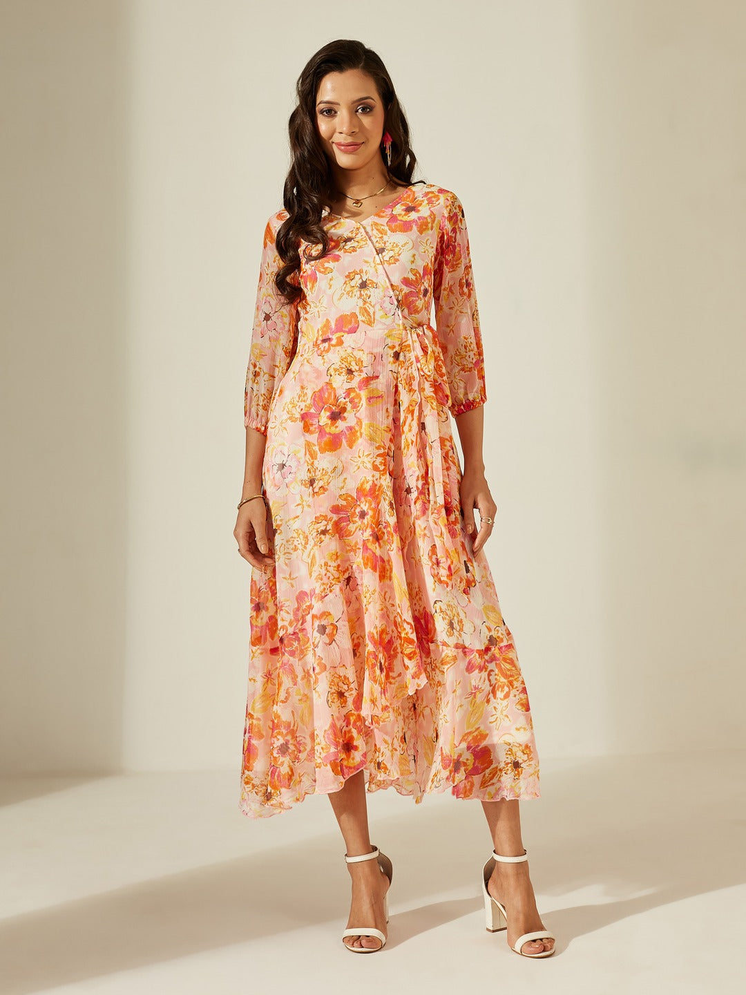 Pink & Orange V-Neck Bishop Floral Layered Chiffon Maxi Dress for Women