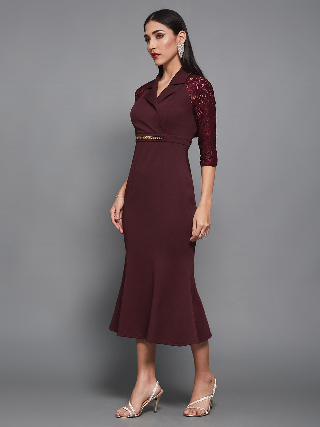 Women's Wine Notched Collar Three-Quarter Sleeve Self-Designed Bodycon Midi Dress