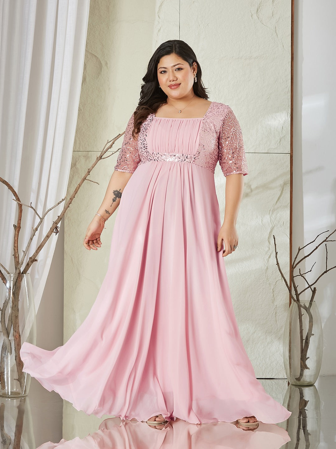 Dusty Pink Square Neck Half Sleeve Solid Embellished Maxi Dress for Women