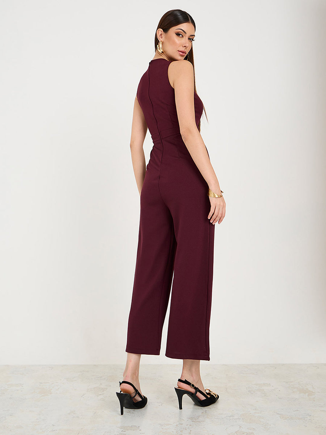 Women's Wine V-Neck Sleeveless Solid Wrap Regular Jumpsuit