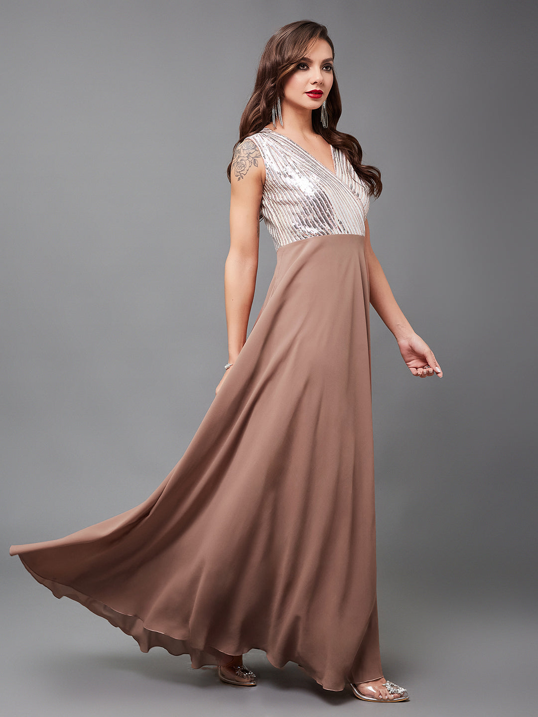 Women's Dusty Peach V-Neck Sleeveless Embellished Wrap Maxi Georgette Dress