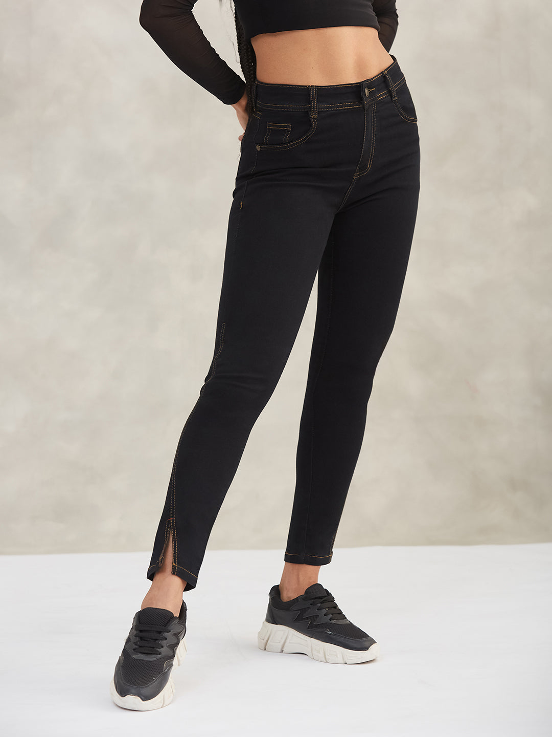 Women's Black Skinny High-Rise Side-Slit Solid Stretchable Denim Jeans